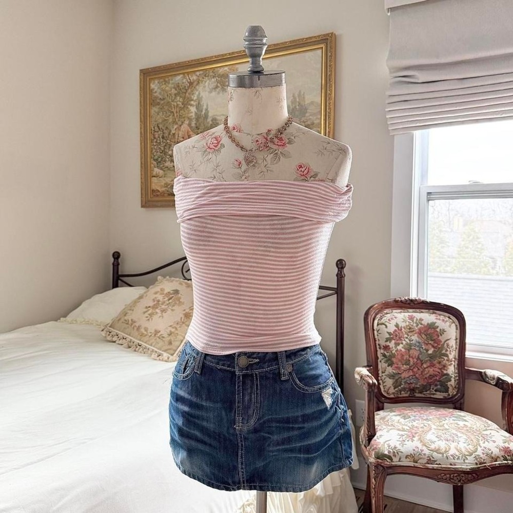 Y2k Objex Pink Striped Off Shoulder Top Size Small